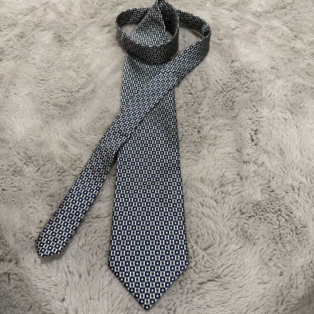 Valerio Garati 100% Silk Men Tie Made Italy Navy Silver Geometric Luxury Preppy